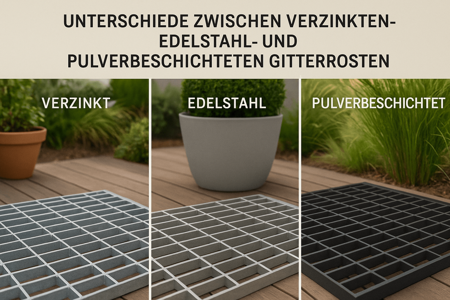 Unterschiede zwischen verzinkten, Edelstahl- und pulverbeschichteten Gitterrosten